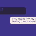 Young person looking at phone after spilling coffee, chat bubble showing fml on screen